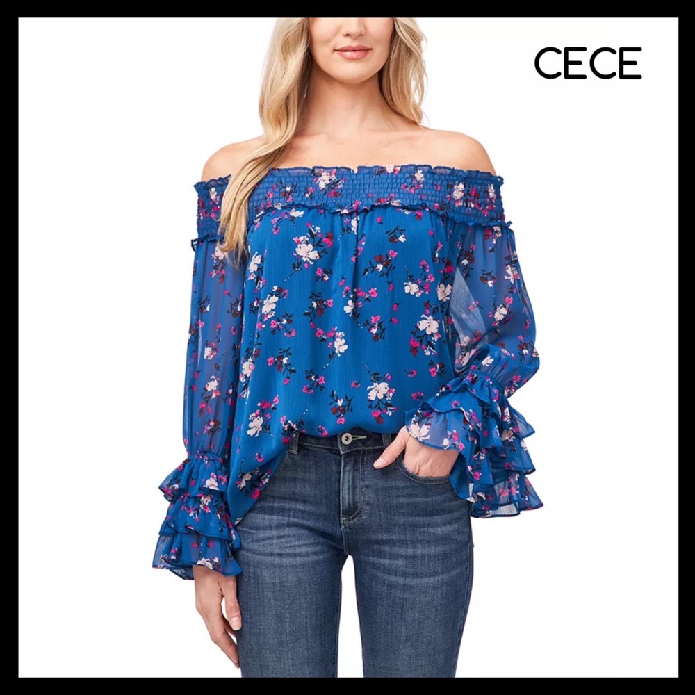CECE Women's Off-The-Shoulder
Floral Destiny Top Color: Sapphire Sky - Picture 1 of 5
